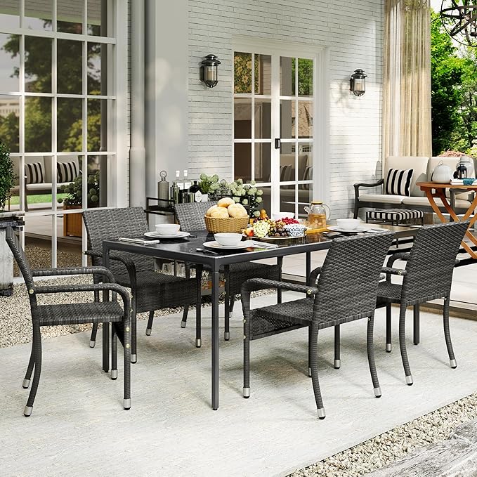 Yaheetech Set of 6 Stackable Outdoor Rattan Dining Chairs, All-Weather Armchair w/Armrests, Steel Frame for Garden, Patio, Deck, Yard, Poolside Gray - Image 7