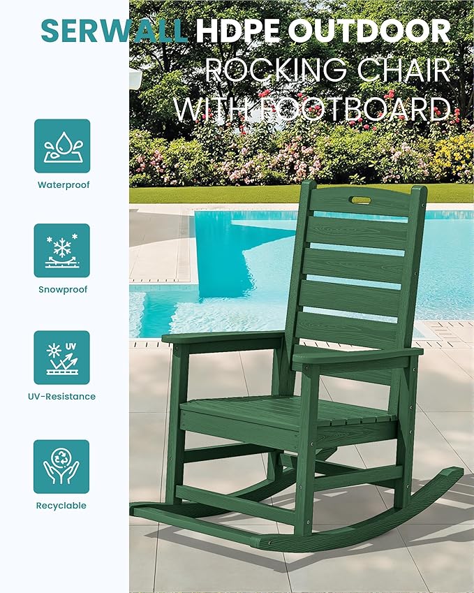 SERWALL Outdoor Rocking Chair Set of 4, Oversized HDPE Patio Rocking Chair with Footrest for Adults, All Weather Porch Rocker for Deck Patio Balcony, Green - Image 4