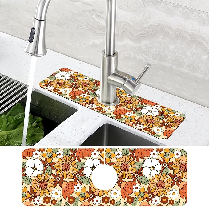70s Retro Orange Floral Kitchen Sink Splash Guard Mat Absorbent Fast Drying Mat - Image 4