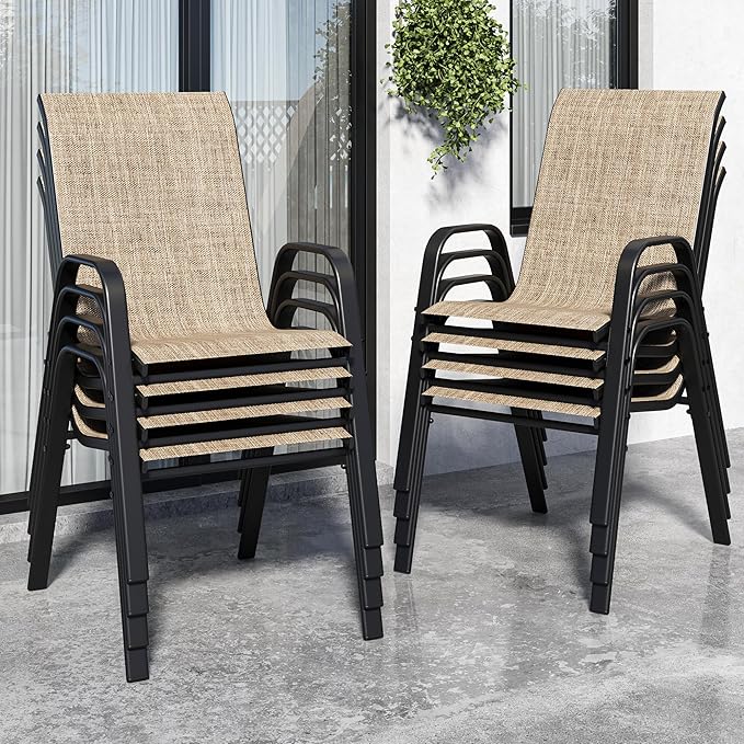 Patio Chairs Set of 8, Stackable Outdoor Dining Chairs for All Weather Textilene Fabric & Metal Frame, Outdoor Chairs Set for Backyard Deck Garden (Brown, Set of 8) by Vimstora