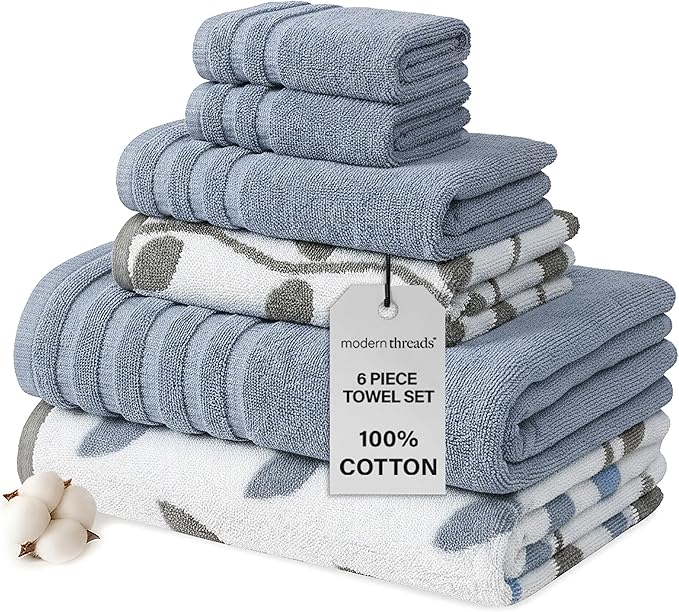 Modern Threads Organic Vines 6-Piece 100% Cotton Towel Set – Yarn Dyed Jacquard by ModernThreads