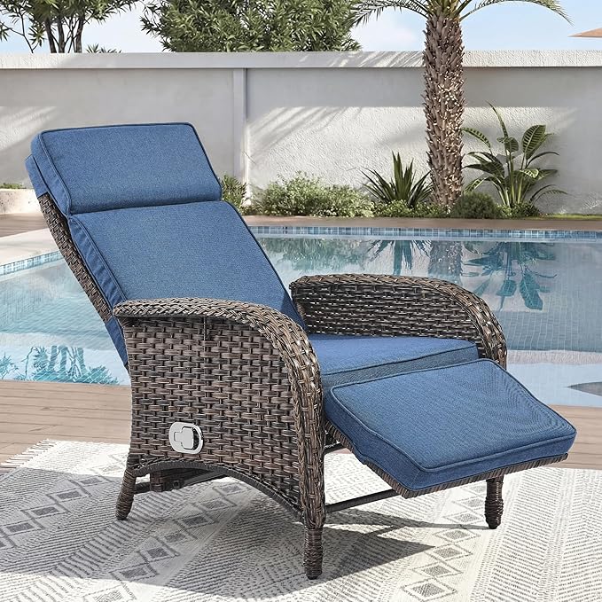Zero Gravity Wicker Patio Recliner Chair - Wicker Outdoor Lounge Chair with Adjustable Backrest & Footrest, All Weather Outdoor Reclining Chairs with Thick Cushion for Pool Deck Blue by JelwalyPatioFurnitureSet
