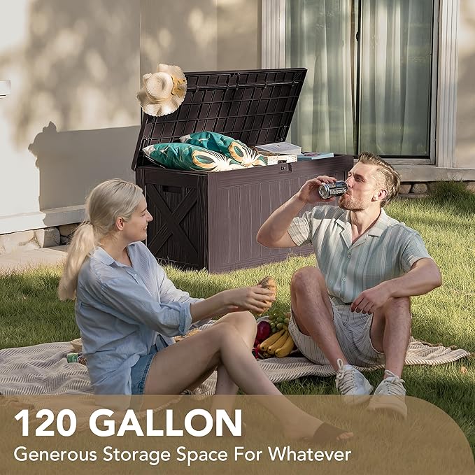 Devoko 120 Gallon Deck Box Resin Outdoor Storage Box Waterproof for Patio, Large Outdoor Storage Bench Lockable for Outside (Deep Brown) - Image 3