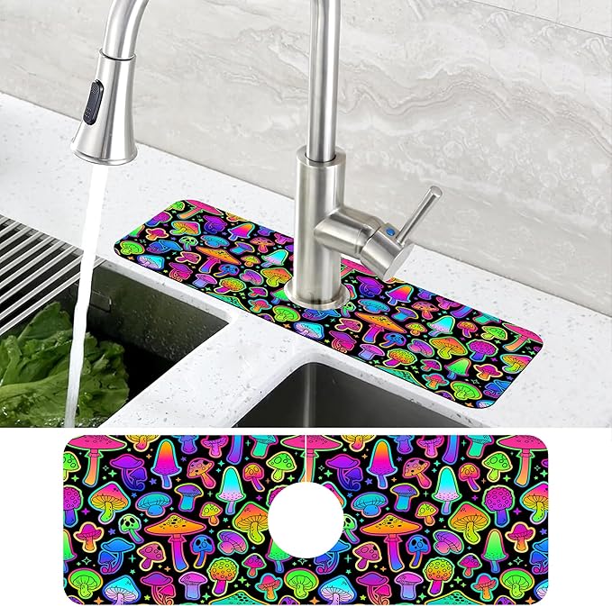 Bright Neon Mushroom Kitchen Sink Splash Guard Absorbent Fast Drying Mat Faucet - Image 4