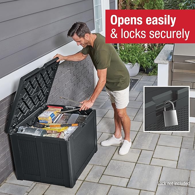 Rubbermaid Medium Resin Outdoor Storage Deck Box (74 Gal), Weather Resistant, Black, Deck Organization for Home/Backyard/Pool Chemicals/Toys/Garden Tools/Porch/Patio Cushions - Image 6