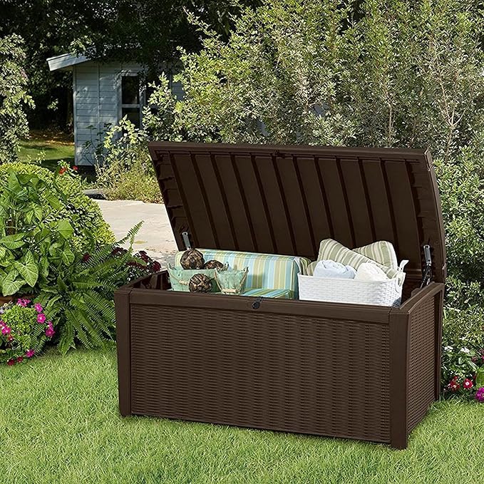 Keter Borneo 110 Gallon Resin Deck Box - Organization and Storage for Patio Furniture, Outdoor Cushions, Throw Pillows, Garden Tools and Pool Toys, Brown - Image 9
