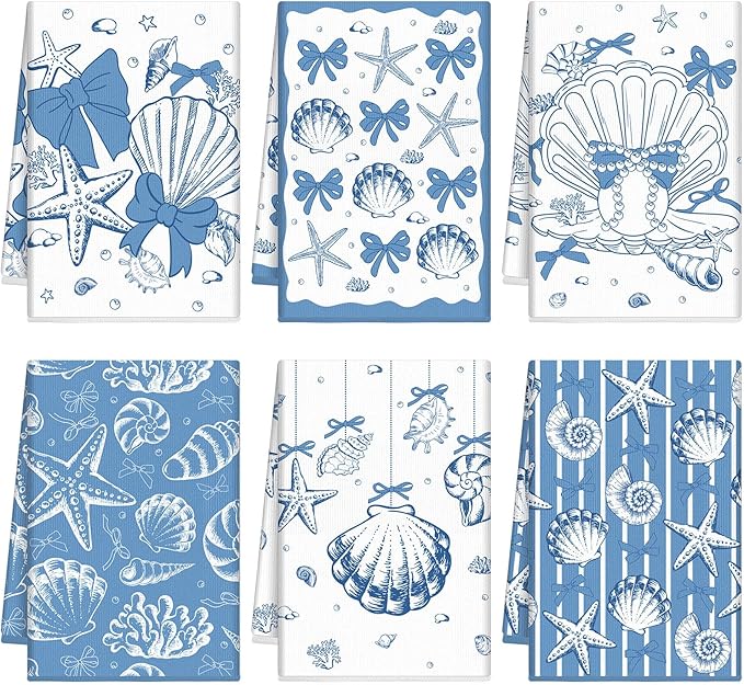 Breling Set of 6 Coastal Beach Kitchen Towels Blue Bow Dish Towel Bathroom by Breling