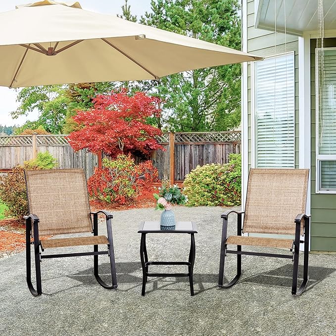 Vongrasig 3 Piece Outdoor Rocking Bistro Set, Textilene Fabric Small Patio Furniture Set, Front Porch Rocker Chairs Conversation Set with Glass Table for Lawn, Garden, Balcony, Poolside (Brown) - Image 9