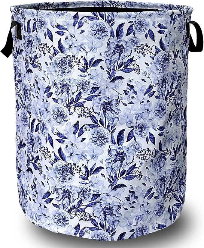 Blue Flower Floral Laundry Basket Foldable by SELIONLIKN
