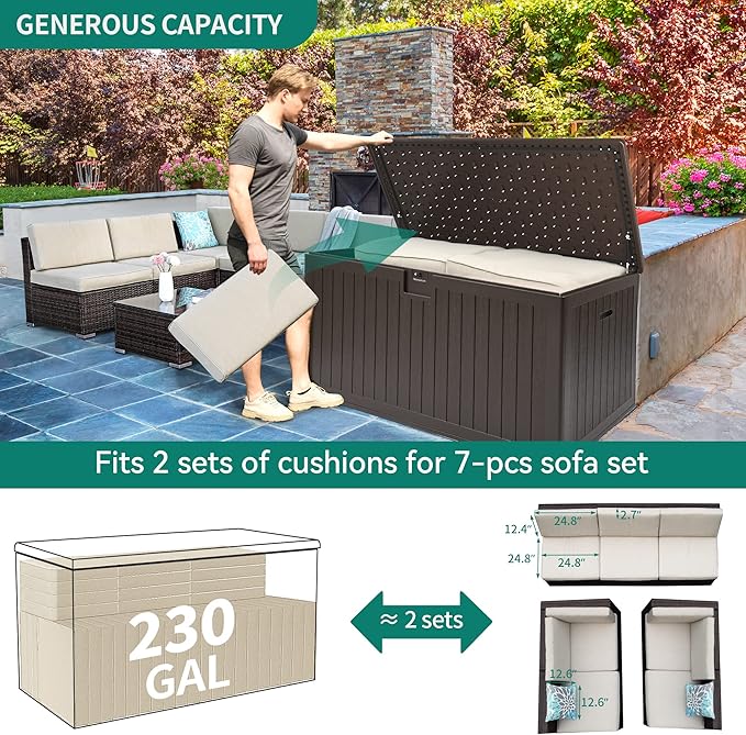 YITAHOME XXL 230 Gallon Large Deck Box,Outdoor Storage for Patio Furniture Cushions,Garden Tools with Flexible Divider,Waterproof,Lockable (Brown) - Image 10