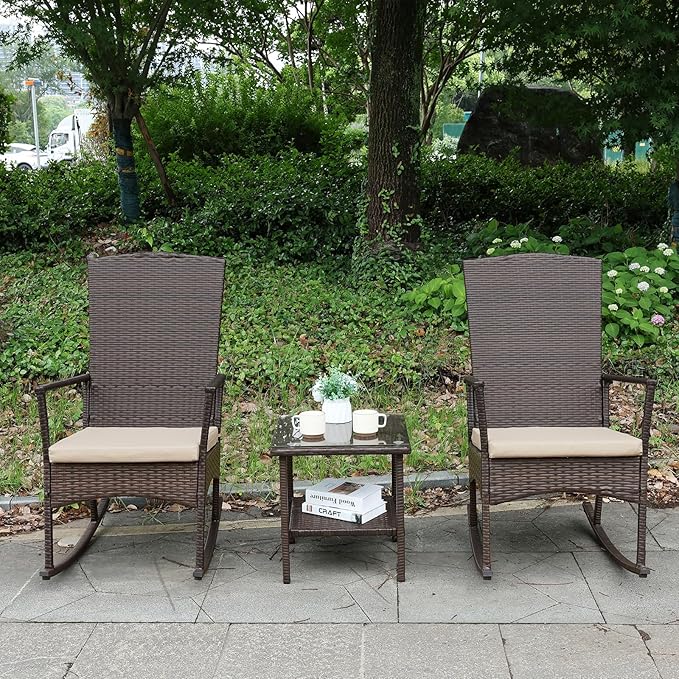 Outdoor Rocking Chair 3 Pieces High-Backed Rocking Chair Patio Rocking Chairs Outdoor Table, Khaki - Image 3