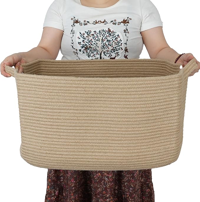 Large Rectangle Blankets Basket Living Room 22"x17"x12" Woven Jute Rope Storage by XUANGUO