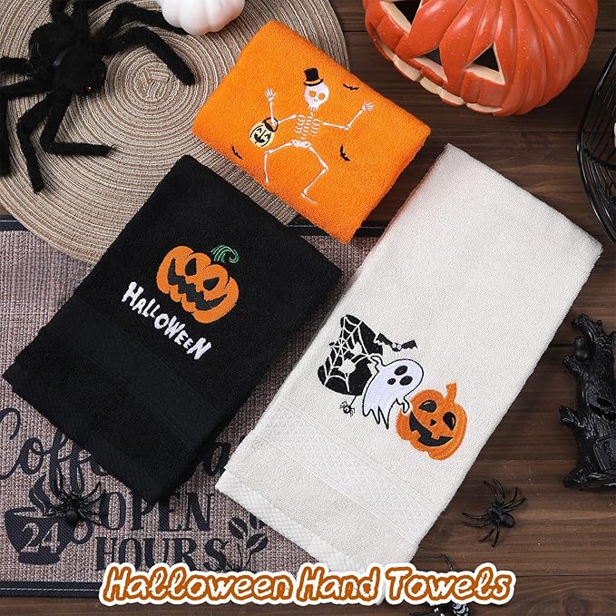 3 Pcs Halloween Hand Towels for Bathroom Embroidered Pumpkin Ghost Skull - Image 2