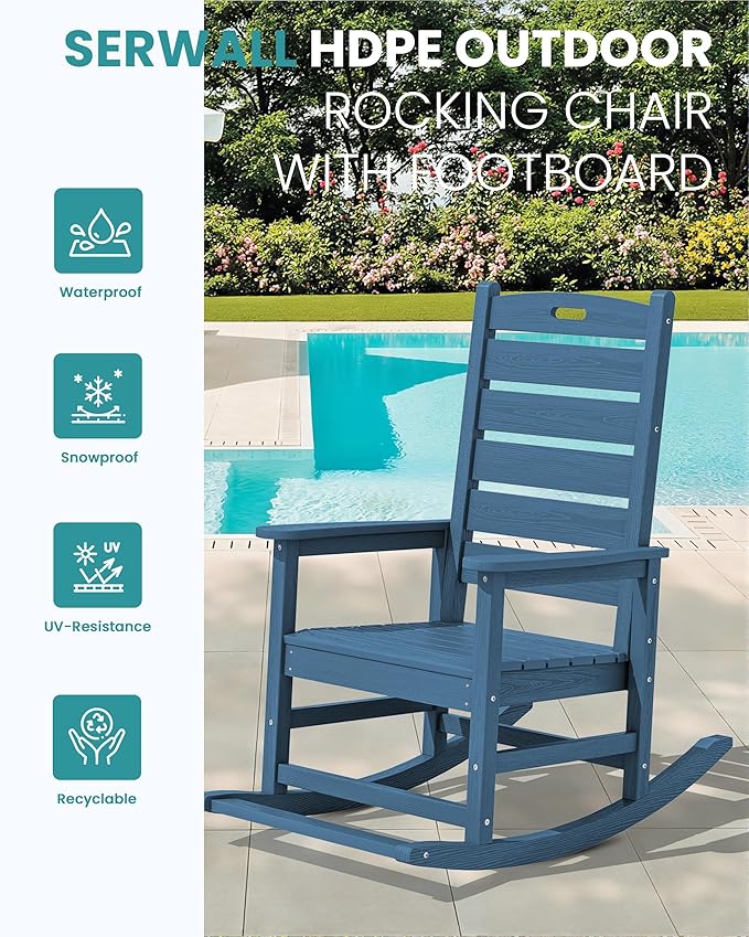 SERWALL Oversized Outdoor Rocking Chair, HDPE Patio Rocking Chair with Footrest for Adults, All Weather Porch Rocker for Deck Patio Balcony, Navy - Image 4