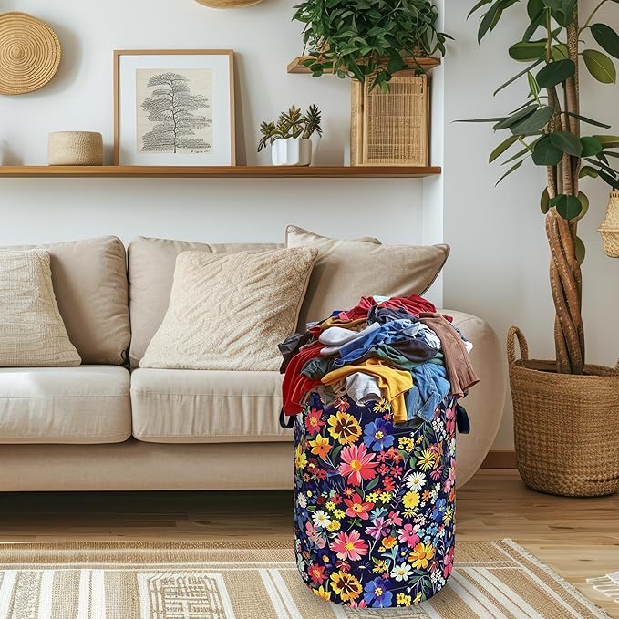 Colorful Flowers Laundry Basket Oxford Cloth Foldable Floral Laundry Hamper - Image 2