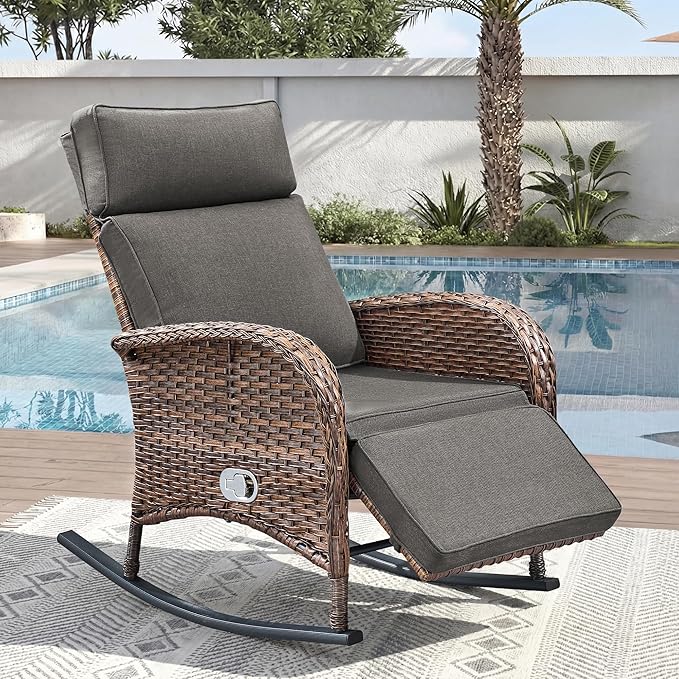 Zero Gravity Patio Rocking Wicker Recliner Chair - Wicker Outdoor Lounge Chair with Adjustable Backrest & Footrest, All Weather Reclining Rocker Chairs with Thick Cushion for Pool Deck Gray by JelwalyPatioFurnitureSet