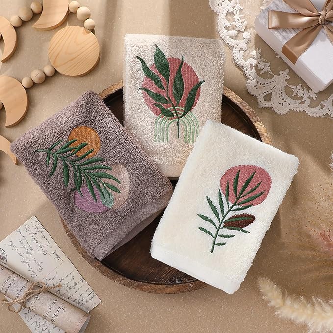 3 Pack Boho Leaves Hand Towels for Bathroom 100% Cotton Embroidered Bathroom - Image 4