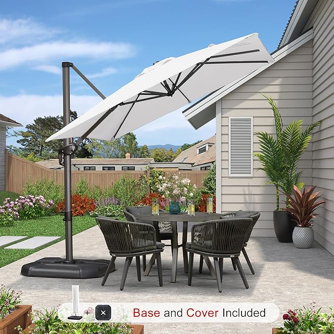 PURPLE LEAF 8'×8' Patio Cantilever Umbrella with Base Included Offset Outdoor Umbrella with cover Square umbrella outdoor patios for Backyard Pool Garden White - Image 2