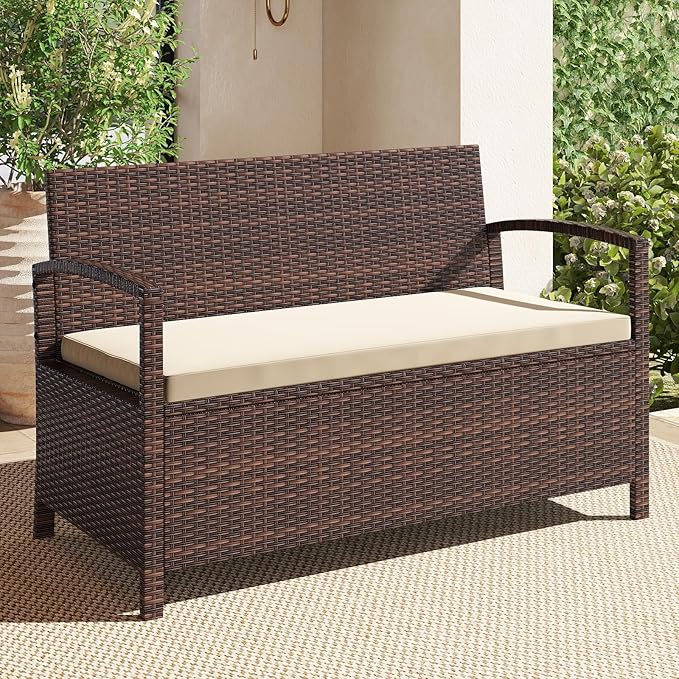 Tangkula 42 Gallon Outdoor Bench with Storage, Outdoor PE Rattan Storage Bench with Cushion, Backrest & Acacia Wood Armrests, Metal Frame, Waterproof Deck Box Seat for Porch Backyard Poolside - Image 9