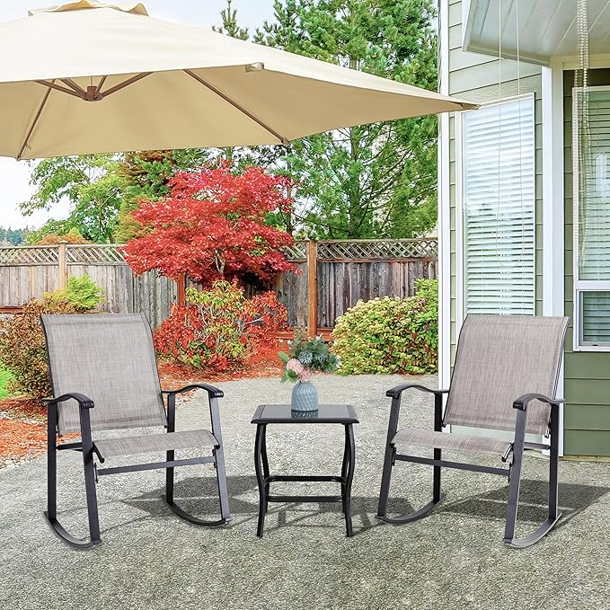 Vongrasig 3 Piece Outdoor Rocking Bistro Set, Textilene Fabric Small Patio Furniture Set, Front Porch Rocker Chairs Conversation Set with Glass Table for Lawn, Garden, Balcony, Poolside (Taupe) - Image 9