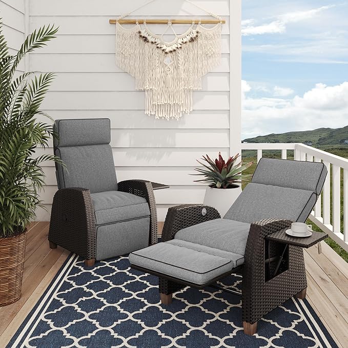 Grand patio Outdoor Reclining Chairs with Extended Footrest 2-Piece Adjustable WickerPatio Lounge Recliner up to 15 with Flip Side Table, Cool Grey by GrandPatio
