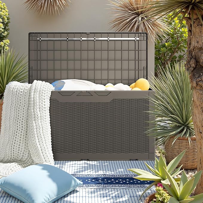 JUMMICO 100 Gallon Resin Deck Box, Waterproof Outdoor Storage Box with Lockable Lid for Garden Tools, Patio Cushions (Light Brown) - Image 7