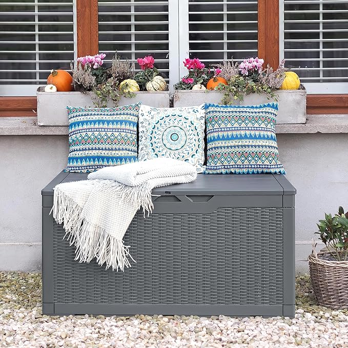 Flamaker Outdoor Storage Box 100 Gallon Waterproof Resin Deck Box Delivery Box with Air Rod Indoor Outdoor Lockable Storage Bench for Patio Cushions, Tools, Pool Accessories (Gray) - Image 5