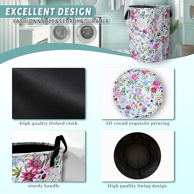 Watercolor Flower Floral Laundry Basket Foldable - Image 4