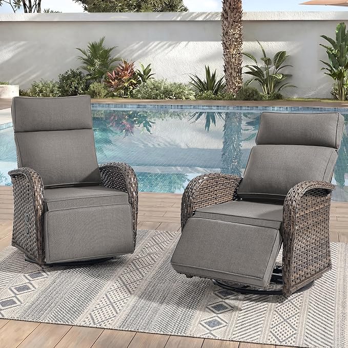 Zero Gravity Patio Swivel Rocking Recliner Chairs Set of 2 - Wicker Outdoor Lounge Chair with Adjustable Backrest & Footrest, All Weather Reclining Rocker Chairs with Thick Cushion for Pool Deck Grey by JelwalyPatioFurnitureSet