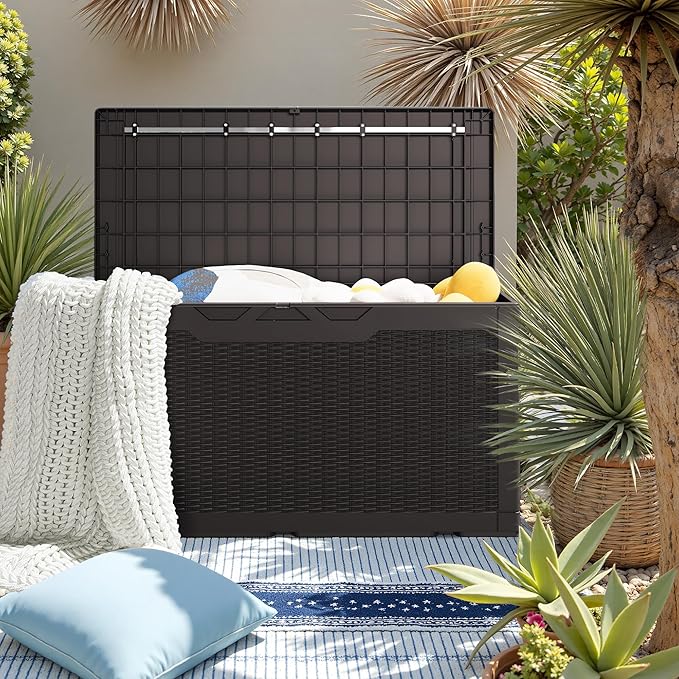 JUMMICO 100 Gallon Resin Deck Box with Cushion, Waterproof Outdoor Storage Box with Lockable Lid for Garden Tools, Patio Cushions (Brown) - Image 6