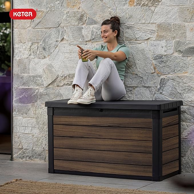 Keter Rosewood 100 Gallon Resin Deck Box Organization and Storage for Patio Furniture Outdoor Cushions, Throw Pillows, Garden Tools and Pool Toys - Image 9