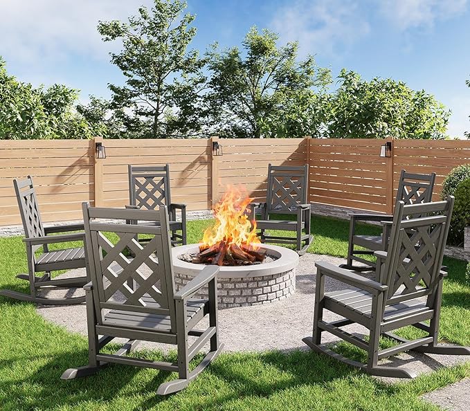 GarveeLife Outdoor Rocking Chair Set of 6, HDPE Weather Resistant Patio Rocking Chair Porch Rocker with Wood Texture & 380 LBS Support for Deck, Pool, Backyard, Gray by GarveeLife