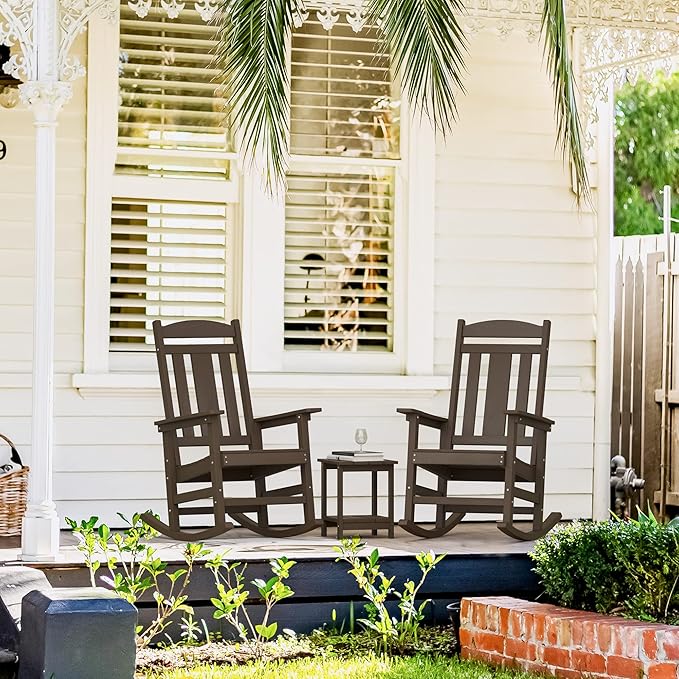 LUE BONA Outdoor Rocking Chairs Set of 2, Weather Resistant HDPS Poly Rocker Chairs, 350lb Heavy Duty, Oversized Porch Rocker for Adult, High Back Smooth Rocking Chair for Outdoor & Indoor, Brown - Image 5