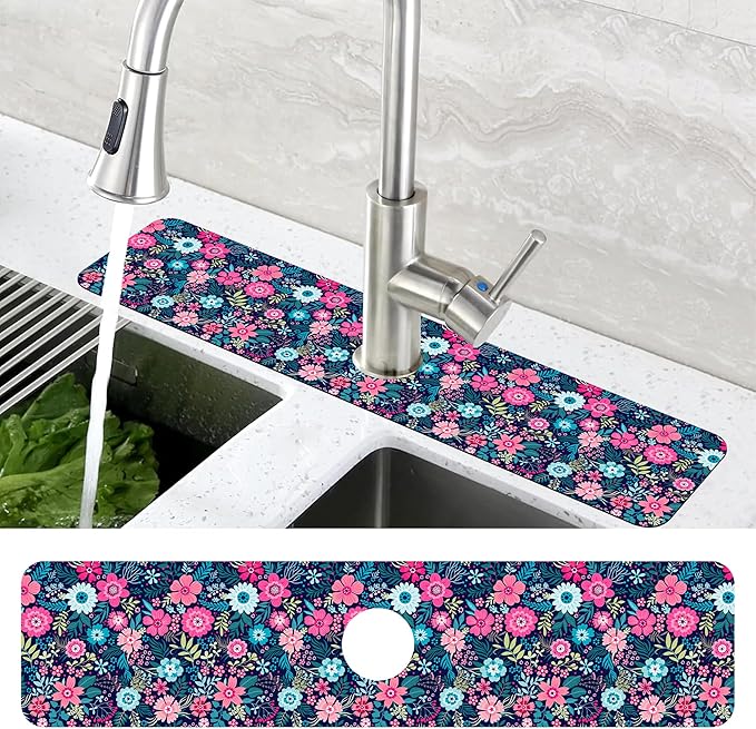 Modern Blue and Pink Floral Sink Faucet Absorbing Mat Sink Splash Guard Faucet - Image 4