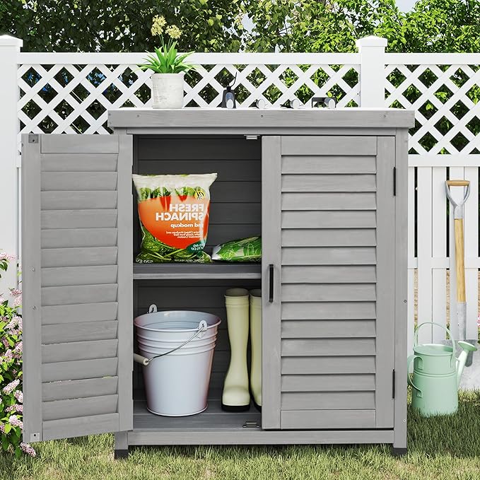 Outdoor Storage Cabinet & Potting Bench Table with Metal Top, Wooden Patio Furniture, Garden Workstation (Accent Grey, 36x31x17in) - Image 2
