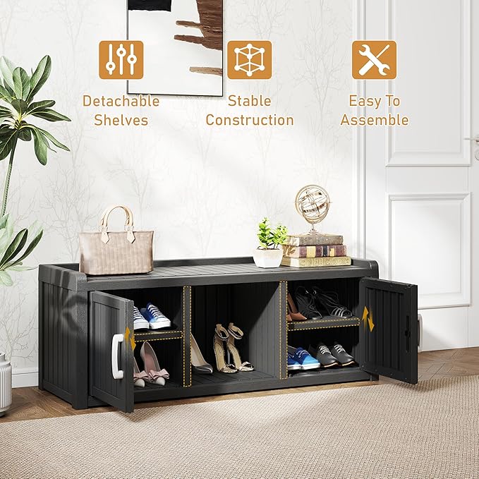 2-Tier Storage Bench, Waterproof UV-Resistant Outdoor Shoe Storage Cabinet with 2 Doors & Adjustable Shelves for Indoor Outdoor Entryway, Hallway, Living Room(Black) - Image 5