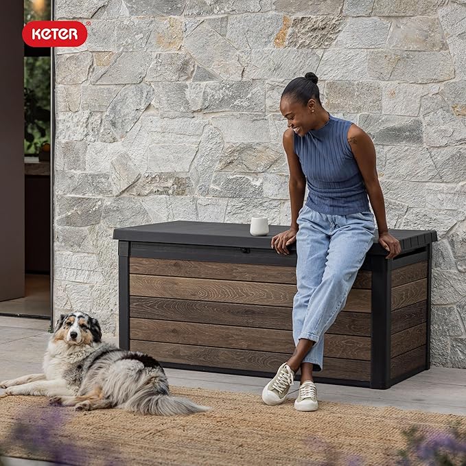 Keter Signature Collection 150 Gallon Resin Deck Box Organization and Storage Box for Patio Outdoor Cushions, Throw Pillows, Garden Tools and Pool Supplies, Walnut - Image 10