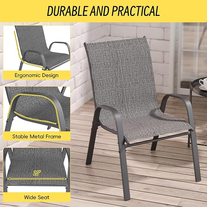 Betterhood Patio Chairs Set of 2, Stackable Outdoor Dining Chairs Set with Breathable Seat Fabric, All-Weather Powder-Coated Metal Frame for Deck, Pool Side and Backyard, 350LBS Capacity (Grey) - Image 8