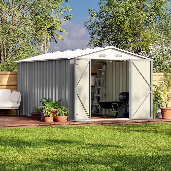 Patiowell 12 x 8 FT Outdoor Storage Shed, Steel Shed Storage House with Design of Lockable Doors, Utility and Tool Storage for Garden, Patio, Backyard, Outside use, Gray by Patiowell