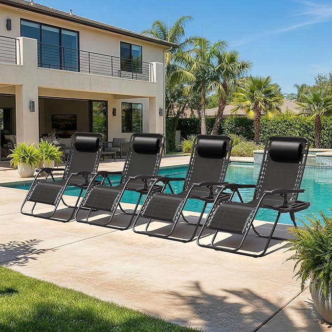 Homall Zero Gravity Chair Patio Folding Lawn Outdoor Lounge Gravity Camp Reclining Lounge Chair with Cup Holder Pillows for Poolside Backyard and Beach Set of 4 (Black) - Image 2
