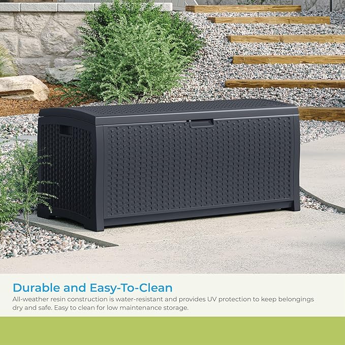 Suncast Outdoor Storage Box - 73 Gallon Cyberspace Resin Wicker Deck Box with Lockable Lid, Outdoor Storage Bin for Patio Cushions, Shoes, Pool & Garden Gear, Made in USA - Image 4
