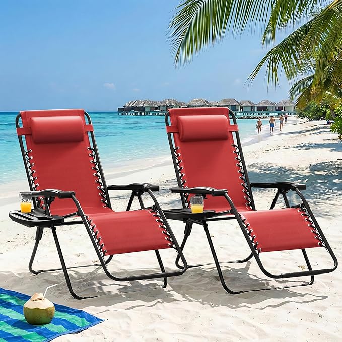 Homall Zero Gravity Chair Patio Folding Lawn Outdoor Lounge Gravity Camp Reclining Lounge Chair with Cup Holder Pillows for Poolside Backyard and Beach Set of 4 (Red) - Image 2