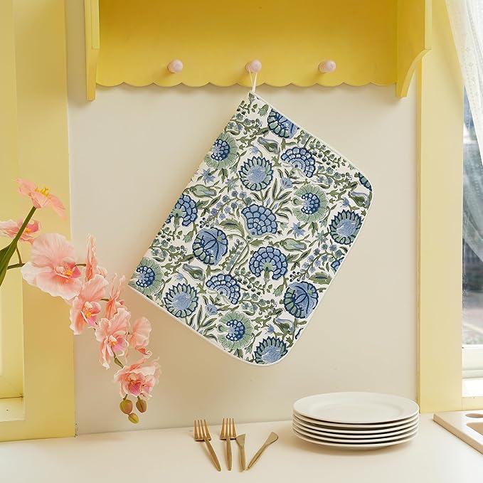 Blue Sage Green Floral Dish Drying Mats 18x24 Inch Sage Green Block Print - Image 3