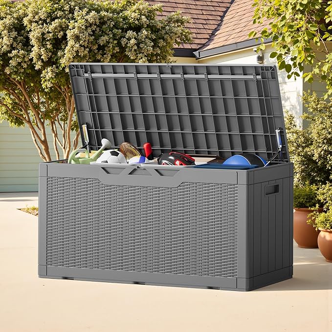 Greesum Outdoor Storage Box 100 Gallon Storage Bin with Lid for Patio Furniture, Garden Tools, Pool Supplies, Lockable, Waterproof and UV Resistant, Gray - Image 3