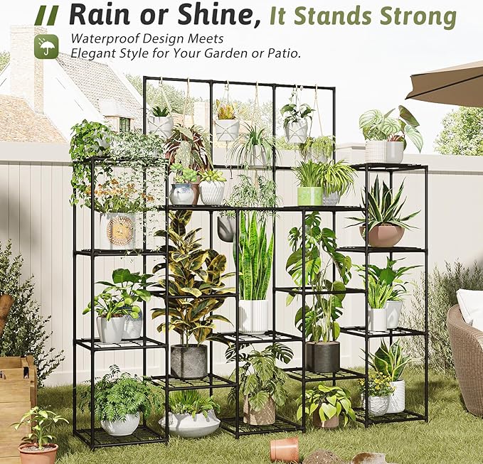 Metal Plant Stand Outdoor 63" Tall Plant Shelf for Plants 14-Tier Large Plant Sheves for Indoor Plants Living Room Heavy Duty Rack Garden Balcony Patio Hanging Planter - Image 3