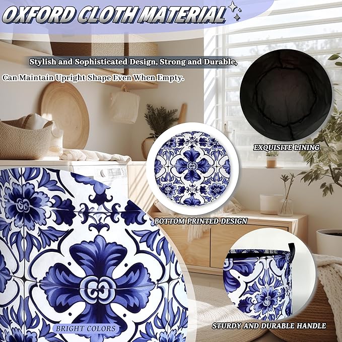 Blue and White Mexican Tile Laundry Basket Oxford Cloth Foldable Boho Laundry - Image 6