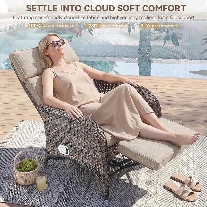 Zero Gravity Wicker Patio Recliner Chairs Set of 2 - Wicker Outdoor Lounge Chair with Adjustable Backrest & Footrest, All Weather Outdoor Reclining Chairs with Thick Cushion for Pool Deck Beige - Image 3