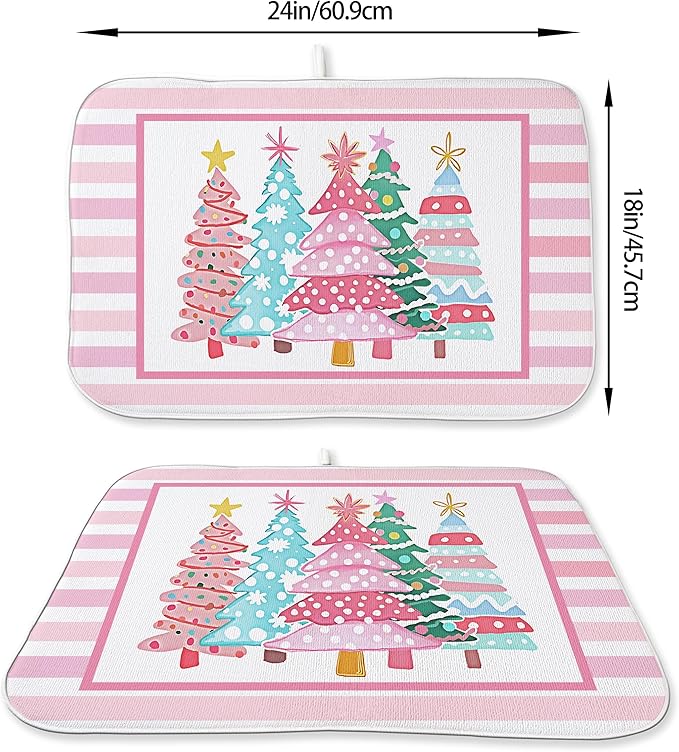 Christmas Dish Drying Mats 18x24 Inch Stripes Watercolor Pink Christmas Trees - Image 2