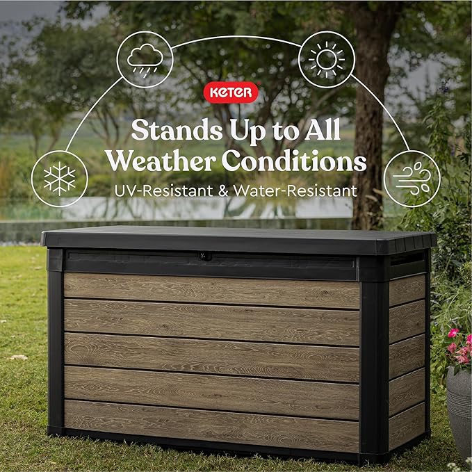 Keter Ashwood 100 Gallon Resin Deck Box Organization and Storage for Patio Furniture Outdoor Cushions, Throw Pillows, Garden Tools and Pool Toys, Brown - Image 3