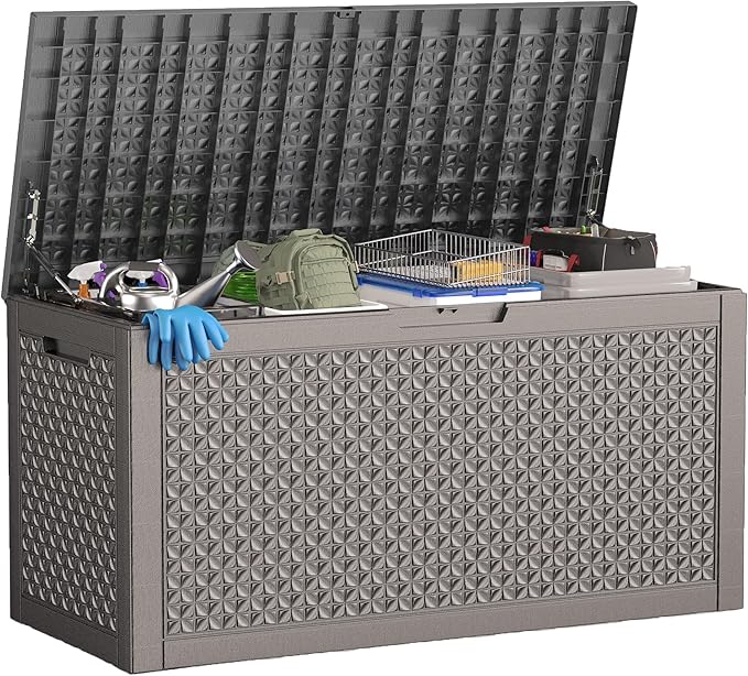 ROJIK Outdoor Storage Housing Deck Box - Waterproof Patio Furniture, Garden Tools, Cushions, Pool Accessories Storage Bench with Lockable Lid and Side Handles (Grey,125 Gal) by ROJIK